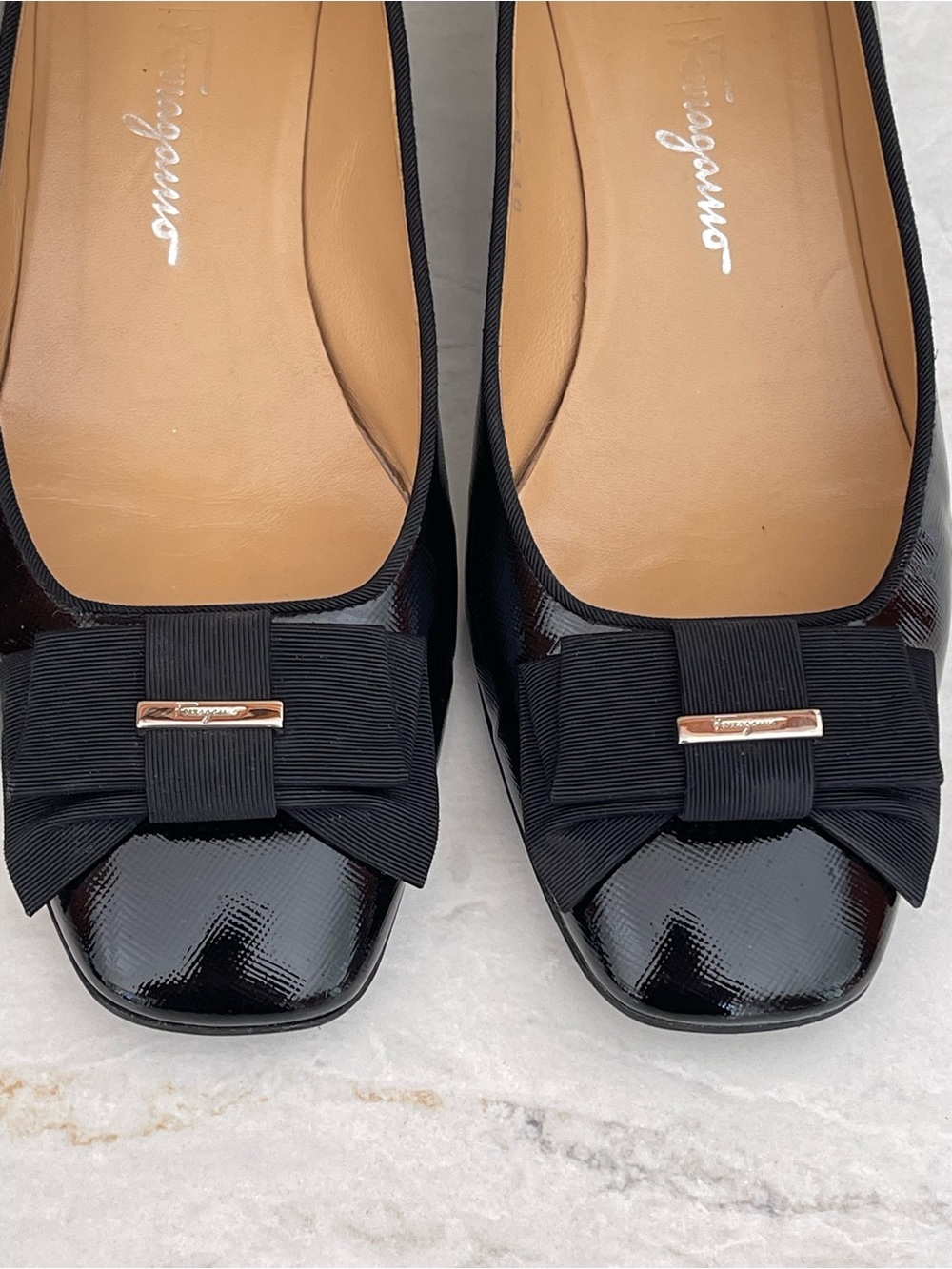Salvatore Ferragamo Black Vara Bow Patent Leather Block Heel Shoes, Size 8.5